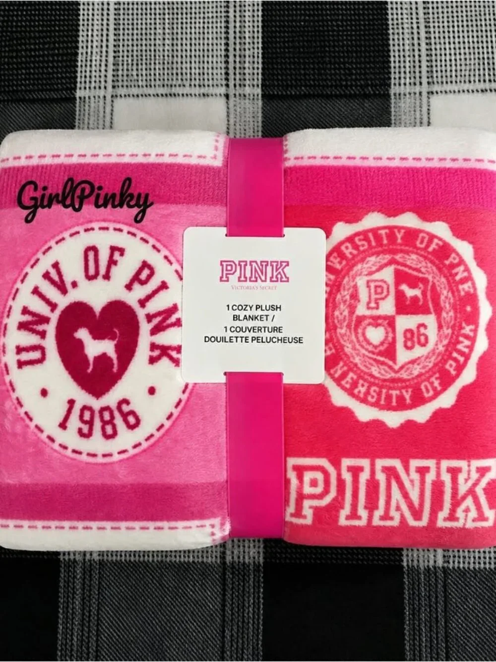 VS PINK FRIDAY COLOR-BLOCK FLEECE COZY BLANKET & MAROON MINI DOG LOVEY BUNDLE